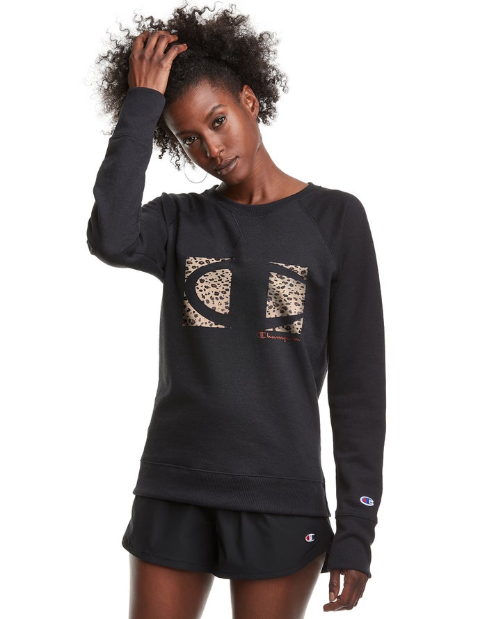 Champion Sweatshirt Dames - Zwart - Powerblend Fleece Crew Leopard Colorblock Logo ( 632590-UTA )